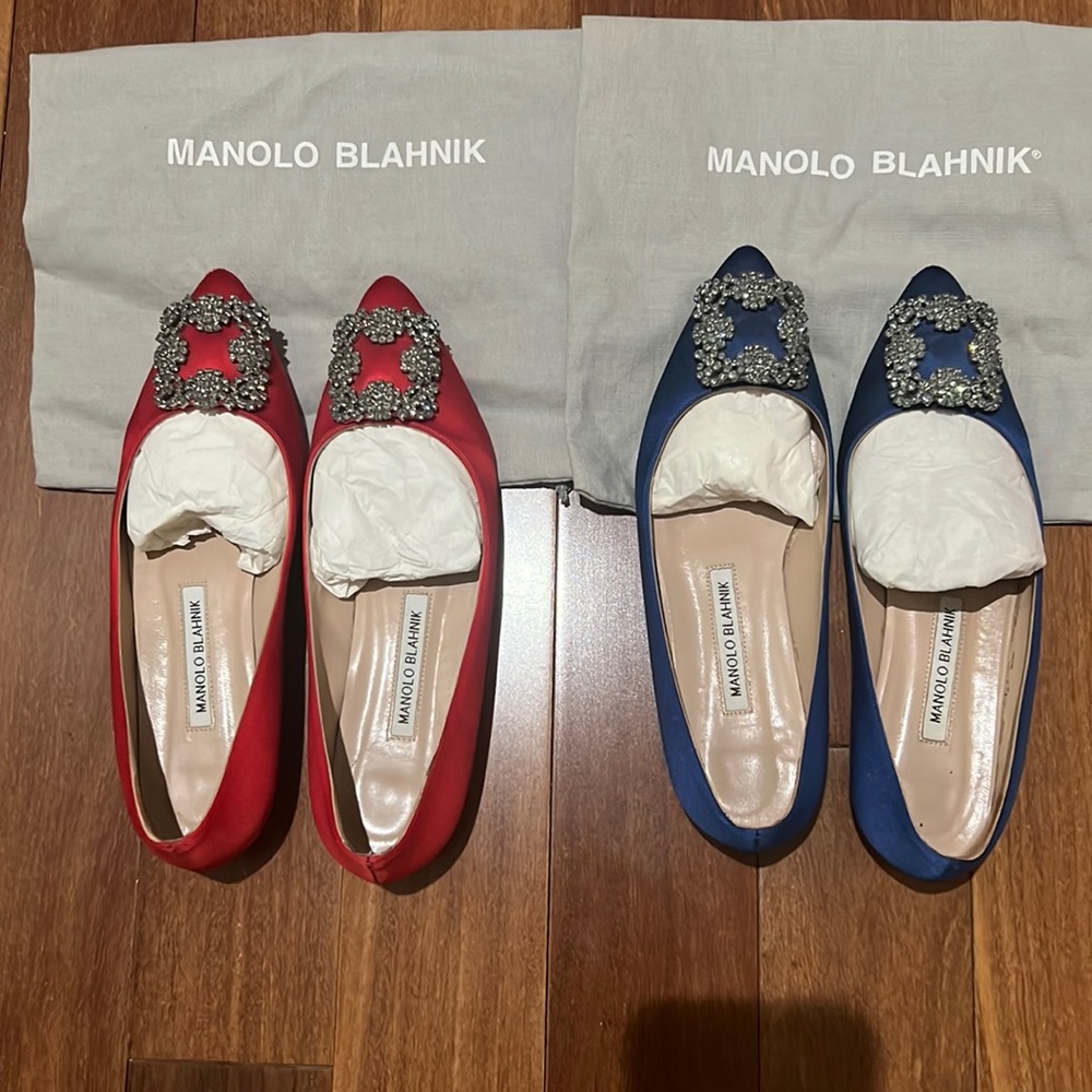 2 pairs of Manolo Blahnik Hangisi Flats in Red Satin and Royal Blue Satin.